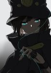  1girl androgynous blue_eyes boogiepop boogiepop_(character) brown_hair cloak glowing glowing_eyes gradient gradient_background hat looking_at_viewer short_hair smile smirk smug solo strap string thread user_tkrt8438 wire 