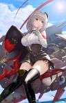  1girl absurdres adapted_turret azur_lane belt black_headwear black_skirt boots braid breast_pocket breasts cannon clouds cloudy_sky corset cowboy_shot cross day drill_locks grey_hair hat highlanderz2066 highres holding holding_toy iron_cross large_breasts leather leather_boots long_hair lutzow_(azur_lane) machinery mechanical_dragon mini_hat ocean pocket red_nails shirt skirt sky stuffed_animal stuffed_shark stuffed_toy sun sunlight thigh-highs thigh_boots toy turret water whale white_shirt 