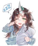  1girl 414_(hncx3355) animal_ears arknights bandaid bandaid_on_face bandaid_on_nose bangs blue_shirt brown_hair bubble_(arknights) commentary_request green_eyes highres horns long_hair looking_at_viewer one_eye_closed open_mouth pillow shirt simple_background single_horn solo spoken_zzz upper_body white_background zzz 