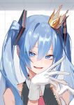  1girl blue_eyes blue_hair crown gloves hatsune_miku highres jiuyesang looking_at_viewer necktie open_mouth sleeveless smile twintails upper_body vocaloid white_gloves 