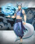  1boy animal_ears armband aura baggy_pants bandaged_arm bandages belt blue_eyes blue_fire bracelet clenched_hand compression_shirt crop_top ear_piercing earrings fire floating fox_ears fox_tail highres jacket jewelry jin_(sirius-j) legband looking_at_viewer male_focus mature_male necklace original pants piercing solo spiky_hair tail white_fur white_hair wristband 