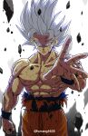 1boy absurdres closed_mouth dragon_ball dragon_ball_super highres horang4628 male_focus muscular muscular_male rock sash serious solo son_goku spiky_hair topless_male torn_clothes ultra_instinct white_eyes white_hair