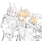  2girls animal_ears arknights armor blemishine_(arknights) blonde_hair closed_mouth demon_girl demon_horns gloves hammer highres horns horse_ears horse_girl locked_arms long_hair mudrock_(arknights) multiple_girls no_headwear no_helmet one_eye_closed open_mouth pointy_ears ponytail red_eyes seneciplenilune simple_background sketch smile sword weapon white_background white_hair 