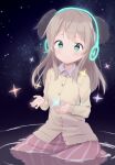  1girl buttons female_child green_eyes hand_on_headphones head_wings hide_0 hirschgeweih_antennas jacket light_brown_hair long_hair luminous_witches night night_sky shirt skirt sky smile solo sparkle star_(sky) starry_sky virginia_robertson white_shirt world_witches_series younger 