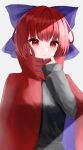  1girl black_shirt bow cloak closed_mouth hair_bow highres long_sleeves looking_at_viewer purple_bow red_eyes redhead sekibanki shirt short_hair simple_background solo soru_nanase touhou upper_body white_background 