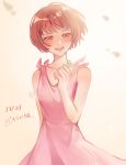  1girl :d b.s_(fwpt2745) black_jack_(series) blush bob_cut brown_eyes brown_hair collarbone cowboy_shot dress flat_chest gradient gradient_background highres holding_clover looking_at_viewer older pink_dress pinoko short_hair simple_background smile solo standing 