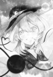  1girl blouse bow choker commentary eyelashes greyscale grin hair_between_eyes hat hat_bow heart heart_of_string highres komeiji_koishi light_particles looking_at_viewer medium_hair monochrome shikahisa_totani shirt signature smile solo stitches teeth third_eye touhou upper_body 