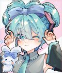 1girl 1other :3 aqua_necktie bangs bare_shoulders black_sleeves blue_bow blue_eyes blue_hair blush blush_stickers bow cinnamiku cinnamoroll collared_shirt commentary cotolu detached_sleeves grey_shirt hair_bow hair_ornament hands_up hatsune_miku highres looking_to_the_side necktie one_eye_closed sanrio shirt sleeveless sleeveless_shirt smile solo_focus star_(symbol) upper_body vocaloid 