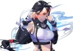  1girl arms_up bandages black_gloves black_hair black_undershirt breasts cofffee fighting_stance final_fantasy final_fantasy_vii final_fantasy_vii_remake gloves long_hair low-tied_long_hair medium_breasts red_eyes serious simple_background solo suspenders tank_top tifa_lockhart upper_body white_background white_tank_top 