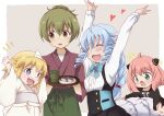  4girls ahoge anya_(spy_x_family) arms_up bangs blonde_hair blue_hair blush border brown_eyes buttons closed_eyes commentary_request crossed_bangs deaimon dot_nose double-breasted drill_hair fa_(rpg_fudousan) fang fangs feet_out_of_frame green_eyes green_hair grey_background hair_between_eyes hair_ornament heart highres holding holding_plate long_hair long_sleeves looking_at_another looking_away multiple_girls nora-toro open_mouth outside_border pink_hair plate rpg_fudousan shachiku-san_wa_youjo_yuurei_ni_iyasaretai. sidelocks sparkle spy_x_family tail tareme triangular_headpiece white_border yukihira_itsuka yuurei-chan 