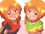  2girls black_bodysuit blush bodysuit elpeo_puru gundam gundam_zz highres multiple_girls onimaru_(onimal7802) open_mouth orange_hair puru_two shirt short_hair skirt upper_body yellow_shirt 