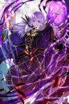  1girl absurdly_long_hair arm_up black_dress black_feathers book castle commission dress fantasy feathers fire fire_emblem fire_emblem:_the_binding_blade fire_emblem_heroes highres holding holding_book long_hair long_sleeves moreshan official_alternate_costume pixiv_request purple_fire purple_hair serious signature skeb_commission solo sophia_(fire_emblem) tumblr_username twitter_username very_long_hair violet_eyes 