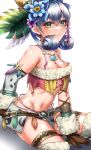  1girl absurdres blue_eyes braid breasts crown_braid curly_hair feathers gloves head_wings highres long_hair looking_at_viewer medium_breasts melia_antiqua navel puffy_sleeves revealing_clothes siebolds_demon simple_background smile solo thigh-highs tribal xenoblade_chronicles_(series) xenoblade_chronicles_1 