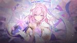  1girl artist_request diamond-shaped_pupils diamond_(shape) dress elysia_(herrscher_of_human:ego) elysia_(honkai_impact) gloves highres honkai_(series) honkai_impact_3rd long_hair looking_at_viewer outstretched_hand pink_hair second-party_source solo symbol-shaped_pupils violet_eyes 
