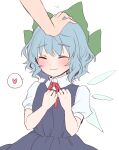  1boy 1girl :3 bangs blue_dress blue_hair blush bow breasts cirno closed_eyes collared_shirt cowboy_shot dress fairy_wings green_bow hair_bow hands_on_own_chest headpat heart highres ice ice_wings kuromame_(8gou) neck_ribbon pinafore_dress puffy_short_sleeves puffy_sleeves red_ribbon ribbon shirt short_hair short_sleeves small_breasts spoken_heart touhou white_shirt wings 