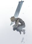  1boy armor baggy_pants belt blonde_hair boots buster_sword closed_eyes cloud_strife final_fantasy final_fantasy_vii final_fantasy_vii_remake floating full_body gloves gradient gradient_background hair_between_eyes highres hugging_own_legs male_focus multiple_belts pants riio short_hair shoulder_armor sleeveless sleeveless_turtleneck solo spiky_hair suspenders turtleneck 