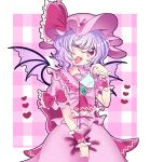  1girl ;d ascot back_bow border bow cowboy_shot dot_nose dress hat hat_bow highres one_eye_closed open_mouth pink_bow pink_dress pink_hair pink_headwear plaid plaid_background red_ascot red_eyes remilia_scarlet smile touhou tsugomori_(remilia0398) white_border 