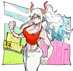  1girl absurdres artist_request breasts curled_horns earrings green_hair hair_ornament hair_stick highres horns jewelry long_hair looking_at_viewer multicolored_hair multicolored_horns muscular navel one_piece oni pants red_horns solo white_hair yamato_(one_piece) 