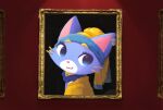  :3 animal animal_focus black_background blue_eyes cat cherii_(cherry_sister) closed_mouth framed hat highres korean_commentary league_of_legends looking_to_the_side no_humans photo-referenced red_background shirt simple_background upper_body whiskers yellow_shirt yumi_(last_origin) 
