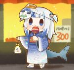  1girl :3 :p adapted_costume bag bagged_fish bangs blood blue_eyes blue_hair blunt_bangs blurry blurry_background blush_stickers candy_apple character_mask chibi commentary festival fish fish_tail food full_body gawr_gura highres hololive hololive_english japanese_clothes kimono long_hair mask mask_on_head multicolored_hair obi same_anko sash shark_tail solo streaked_hair symbol-only_commentary tail tongue tongue_out two-tone_hair two_side_up virtual_youtuber walking white_hair wide_sleeves zouri 