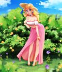  1girl absurdres blonde_hair blue_eyes breasts dress earrings floral_background flower frills grass hat hat_ribbon highres jewelry long_hair looking_at_viewer melkcoffee pink_dress princess_peach ribbon skirt smile solo super_mario_bros. 