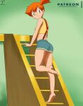    1girl arm_support bangs barefoot bedroom blue_eyes climbing closed_mouth eyebrows_visible_through_hair full_body green_shorts grin hair_between_eyes highres kasumi_(pokemon) ladder looking_at_viewer misty_(pokemon) orange_hair pokemon pokemon_(anime) pokemon_(classic_anime) shirt short_hair short_shorts shorts side_ponytail sleeveless sleeveless_shirt smile solo suspenders yellow_shirt 