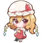  1girl absurdres ascot blonde_hair chibi closed_mouth flandre_scarlet frilled_shirt_collar frills full_body hair_between_eyes hat hat_ribbon highres holding laevatein_(touhou) looking_at_viewer mitsuno_ichigo mob_cap multicolored_wings pointy_ears puffy_short_sleeves puffy_sleeves red_eyes red_ribbon red_skirt red_vest ribbon shirt short_sleeves simple_background skirt solo touhou vest white_background white_headwear white_shirt wings yellow_ascot 
