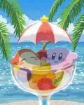 beach closed_eyes clouds cloudy_sky cup day drink food fruit glass highres kirby kirby_(series) looking_to_the_side miclot ocean palm_tree sand sky smile sparkling_eyes star_(symbol) tree umbrella waddle_dee water 