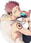  1boy adjusting_shirt arm_tattoo black_hair black_nails extra_eyes facial_tattoo food highres jujutsu_kaisen looking_at_another looking_at_viewer male_focus mon_(mooooon_day) multicolored_hair pink_hair popsicle red_eyes ryoumen_sukuna_(jujutsu_kaisen) shirt short_hair sitting solo spiky_hair sweat tank_top tattoo two-tone_hair undercut white_background 