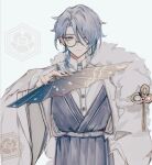  1boy alternate_costume bangs blue_eyes blue_hair collared_shirt dayang55329 fur genshin_impact glasses hair_between_eyes hand_fan holding holding_fan japanese_clothes kamisato_ayato long_hair looking_at_viewer male_focus mole mole_under_mouth shirt simple_background 