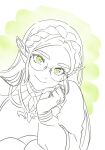  1girl bangs braid fingerless_gloves glasses gloves green_background green_eyes head_on_hand lineart long_hair long_sleeves looking_at_viewer parted_bangs pointy_ears princess_zelda smile solo spot_color the_legend_of_zelda the_legend_of_zelda:_breath_of_the_wild thick_eyebrows tnp upper_body 