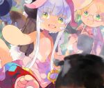  1girl 1other :d animal_ears aqua_pants blonde_hair blush bowl brown_fur brown_jacket chachi_(azuzu) commentary_request cooking cooking_pot dutch_angle fangs fire furry glasses green_background green_eyes grey_hair holding holding_bowl horizontal_pupils jacket long_hair looking_to_the_side made_in_abyss mechanical_arms multicolored_pants nanachi_(made_in_abyss) open_mouth outdoors pants pink_pants puffy_pants red_pants regu_(made_in_abyss) riko_(made_in_abyss) short_hair short_hair_with_long_locks short_sleeves sidelocks smile smoke tail teeth topless twintails upper_teeth whistle whistle_around_neck wing_collar yellow_eyes 
