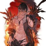  1boy belial_(granblue_fantasy) black_hair black_swimsuit contrapposto granblue_fantasy jewelry looking_at_viewer male_focus male_swimwear minaba_hideo navel necklace no_nipples off-shoulder_jacket off_shoulder official_alternate_costume official_art parted_lips red_eyes solo sunglasses sunset swim_briefs swimsuit wet zipper_panties 