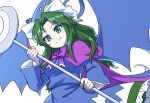  1girl bangs blue_dress blue_headwear blue_wings cape closed_mouth dress green_eyes green_hair itani_illust long_hair long_sleeves looking_at_viewer mima_(touhou) parted_bangs purple_cape simple_background solo staff star_(symbol) star_print sun_print touhou touhou_(pc-98) upper_body white_background wings 