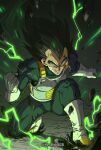  1boy absurdres armor black_hair bodysuit boots clenched_hands dragon_ball dragon_ball_super dragon_ball_super_broly electricity gloves grin highres horang4628 male_focus smile solo spiky_hair vegeta veins white_gloves yellow_eyes 