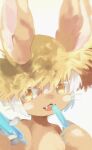  1other :3 animal_ears brown_fur chachi_(azuzu) ears_through_headwear fangs food furry hair_between_eyes hands_up hat holding holding_food horizontal_pupils incoming_food looking_at_viewer made_in_abyss nanachi_(made_in_abyss) open_mouth other_focus short_hair simple_background solo straw_hat sun_hat topless tupet upper_body white_background white_hair yellow_eyes 