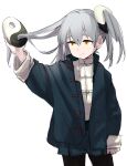  1girl arm_up bangs buckle closed_mouth coat green_coat grey_hair hair_between_eyes highres holding leedoppo light_smile long_hair long_sleeves looking_to_the_side one_side_up original simple_background sketch solo standing vest wavy_mouth white_background white_vest yellow_eyes yin_yang 
