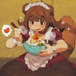  1girl ahoge animal_ears apron blush bowl brown_hair character_request chopsticks commentary_request copyright_request egg_(food) foot_out_of_frame heart highres holding holding_bowl holding_chopsticks maid_headdress open_mouth pantyhose red_eyes rice sanjiro_(tenshin_anman) short_sleeves sidelocks sitting solo sparkle speech_bubble spoken_heart tail tareme wrist_cuffs yellow_background 