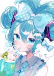  &gt;_&lt; 1girl :d alternate_hairstyle animal animal_hair_ornament aqua_eyes aqua_hair aqua_nails bangs bare_shoulders blue_bow blue_necktie blush bow cinnamiku cinnamoroll closed_eyes commentary crossover cup drink drinking_glass drinking_straw drinking_straw_in_mouth eyelashes fingernails folded_twintails food frilled_shirt frills fruit hair_between_eyes hair_bow hair_ornament hairclip hatsune_miku heart heart_hair_ornament highres holding holding_drinking_straw kiwi_(fruit) long_hair looking_at_viewer necktie open_mouth polka_dot polka_dot_bow portrait rabbit remimim shiny shiny_hair shirt simple_background sleeveless smile star_(symbol) star_in_eye symbol_in_eye tied_ears twitter_username updo vocaloid whipped_cream white_background white_shirt 
