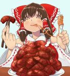  1girl bangs blue_background blush bow breasts brown_eyes brown_hair chopsticks closed_mouth collared_shirt commentary_request cookie_(touhou) detached_sleeves eating food fork frilled_bow frilled_hair_tubes frilled_shirt_collar frills hair_between_eyes hair_bow hair_tubes hakurei_reimu holding holding_chopsticks holding_fork kanna_(cookie) large_breasts long_hair meat mo-fu napolitan pasta red_bow red_shirt ribbon-trimmed_sleeves ribbon_trim shirt sidelocks sleeveless sleeveless_shirt smile solo spaghetti too_much_food touhou upper_body white_sleeves wide_sleeves 