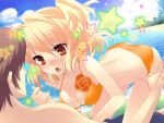  :o back beach bent_over bikini blonde_hair blush breasts brown_hair cleavage cloud duplicate embarrassed eye_contact flyable_heart game_cg highres inflatable_raft ito_noizi itou_noiji katsuragi_shou leg_grab open_mouth orange_eyes palm_tree ponytail short_hair side_ponytail sky star straddle sumeragi_amane surprised swimsuit swimsuit tree unisonshift water wet 