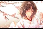 brown_hair cherry_blossoms chobipero closed_eyes flower highres japanese_clothes kara_no_kyoukai kimono letterboxed petals ryougi_shiki short_hair smile solo sunlight wind 