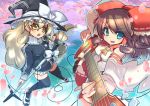  a-walk aqua_eyes blonde_hair brown_hair cherry_blossoms fujishima-01 guitar hakurei_reimu hat instrument kirisame_marisa long_hair microphone microphone_stand multiple_girls sweater thighhighs touhou witch_hat yellow_eyes 