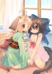  2girls ahoge animal_ears blush brown_hair camisole child cocoa_(toba) collar dress food ice_cream inumimi japanese_clothes kimono kneeling licking long_hair multiple_girls one_eye_closed original raki_(konechi) red_eyes short_hair strap_slip tail toba_hiyoko tongue tongue_out wink 