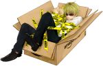  a-k amazon_(company) bdsm bondage box cardboard cardboard_box caution_tape durarara!! heiwajima_shizuo in_box in_container keep_out male messy_hair shoes simple_background solo sunglasses 