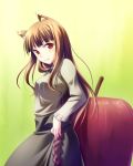  apple brown_hair fang food fruit highres holo long_hair natsukon red_eyes spice_and_wolf wolf_ears 