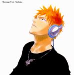  1boy artist_name black_shirt bleach brown_eyes english headphones jewelry kurosaki_ichigo looking_away looking_up male male_focus necklace official_art orange_hair parted_lips shirt short_hair simple_background solo spiked_hair tite_kubo traditional_media white_background 