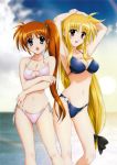  bikini breast_hold cleavage fate_testarossa mahou_shoujo_lyrical_nanoha mahou_shoujo_lyrical_nanoha_strikers swimsuit takamachi_nanoha 