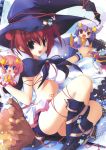  3girls :d absurdres asuna asuna_(artist) blue_eyes boots bra breasts broom brown_eyes character_request chibi cleavage happy hat highres lingerie midriff multiple_girls open_mouth pink_eyes purple_hair red_hair short_hair smile source_request star underwear wand witch witch_hat 
