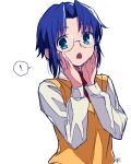  ! 1girl :o bangs blue_eyes blue_hair ciel_(tsukihime) collared_shirt commentary_request fujihana_(mugenpixel) glasses hands_on_own_face long_sleeves looking_at_viewer open_mouth parted_bangs school_uniform shirt short_hair signature simple_background solo speech_bubble tsukihime uniform upper_body vest white_background white_shirt yellow_vest 